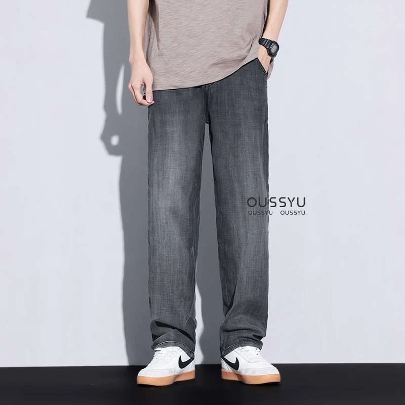 คุณภาพสูงใหม่เสื้อผ้า Lyocell ผ้ากางเกงยีนส์ผู้ชายฤดูร้อนบางทํางานกางเกงขายาว Jogger Retro Blue กางเกงขากว้าง Streetwear