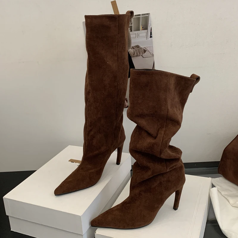 Eilyken 2027 New Winter Punk Pointed Toe Knee High Women Boots Thin Heels Shoes Female Retro Long Booties Zapatos De Muje image 4