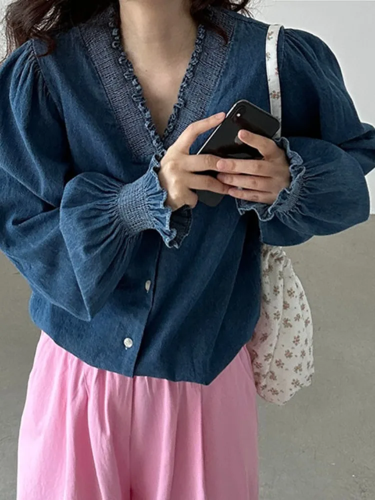 

Faionable Versatile Denim irt Korean Sle Casual Wear for Women Spring Autumn Winter Seasonal Use Street Scene Campus Ou...