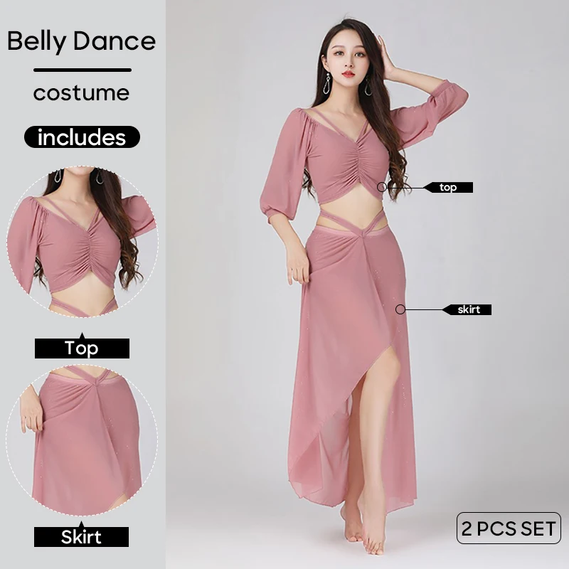 Belly Dance Practice Clothes 2 PCS Set Top + Skirt Practice Suits Plus Size Mesh Sexy Performance Suits for Adult Women Costumes