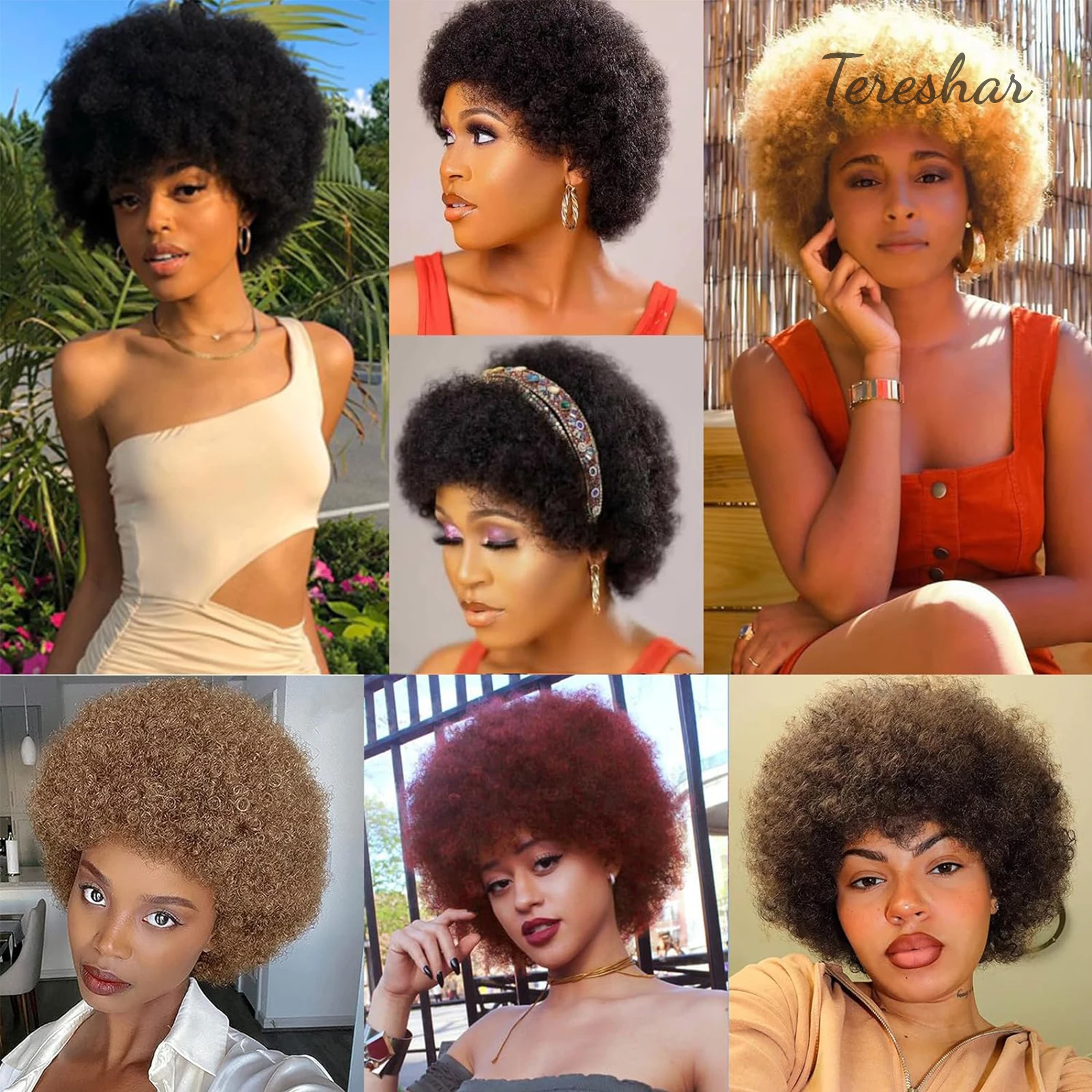 Tereshar شعر بشري قصير شعر مستعار أفريقي مجعد للنساء السود 70s شعر مستعار أفرو منتفخ مع الانفجارات للجنسين شعر مستعار أفريقي آلة صنع الباروكات