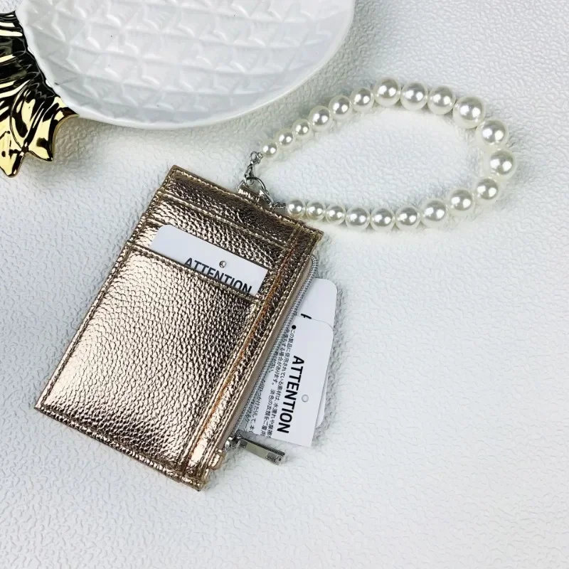 New Metallic Color Gold Silver PU Wallet for Women Ultra-thin Portable Purse Multi-card Slot Card Holder with Beads ID Bag