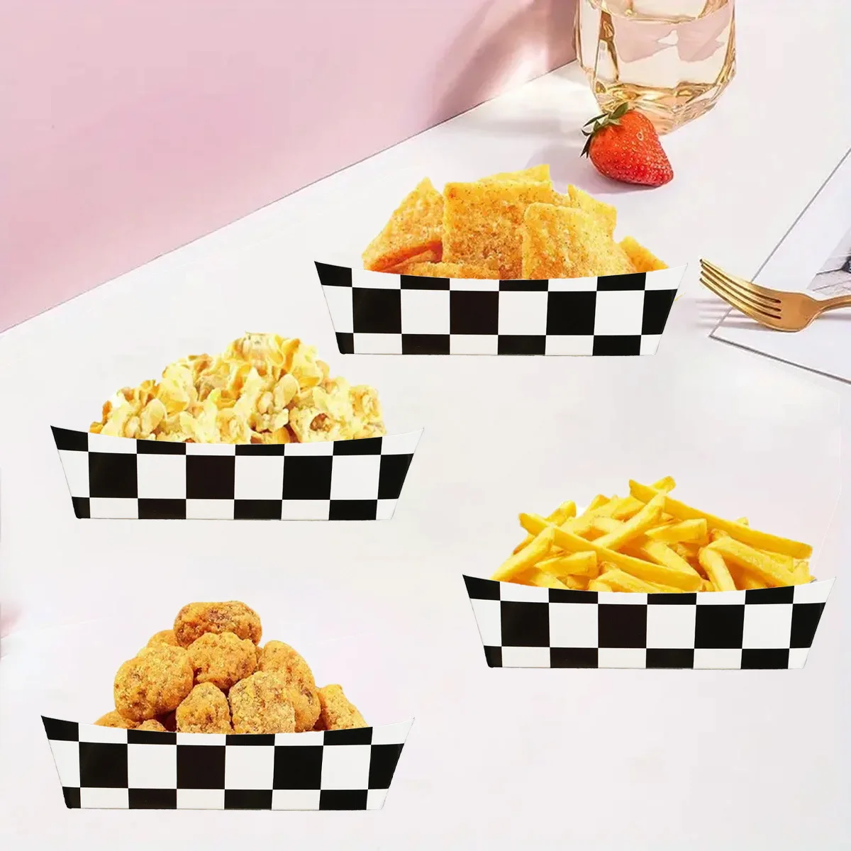 6/8/12/24 Checkered Paper Food Trays Racing Party Food Boat Black and White Popcorn Trays Race Car Theme Birthday Party Supplies