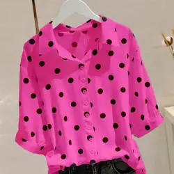 Moda baskılı yaka düğmesi gevşek Polka Dot bluz kadın giyim 2023 yaz yeni boy Casual kazaklar ofis Lady gömlek