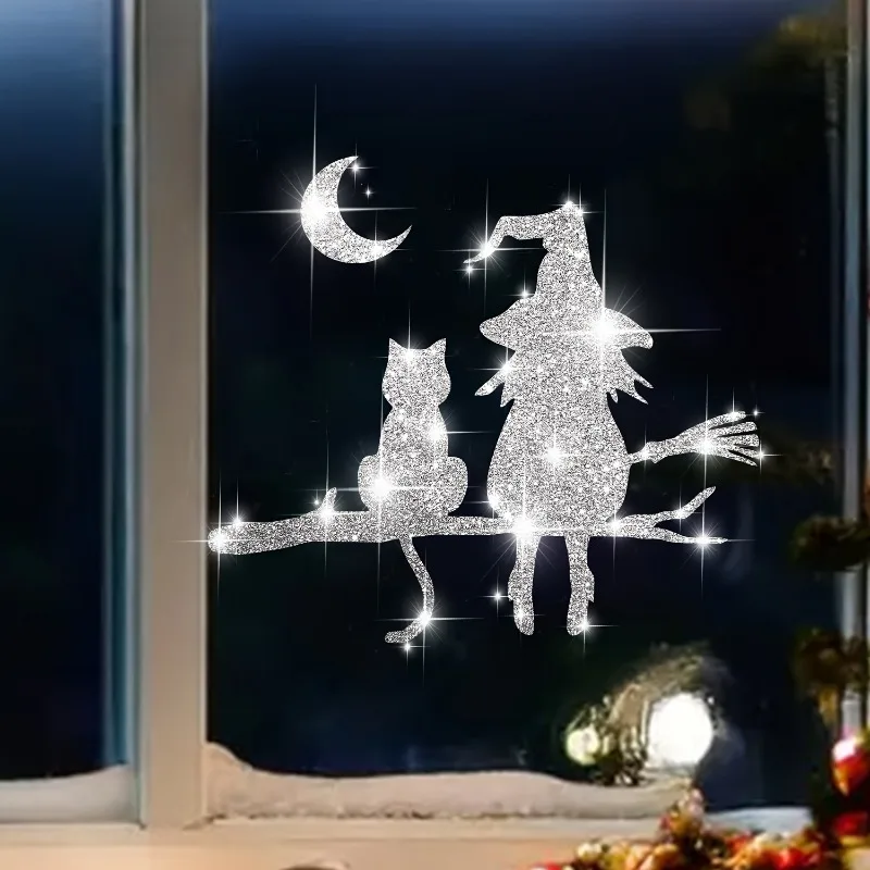 1PC süße Katze und Hexe Imitation Diamant Glitter Fenster Glas Aufkleber wasserdicht für Schlafzimmer Küche Halloween Vinyl Aufkleber