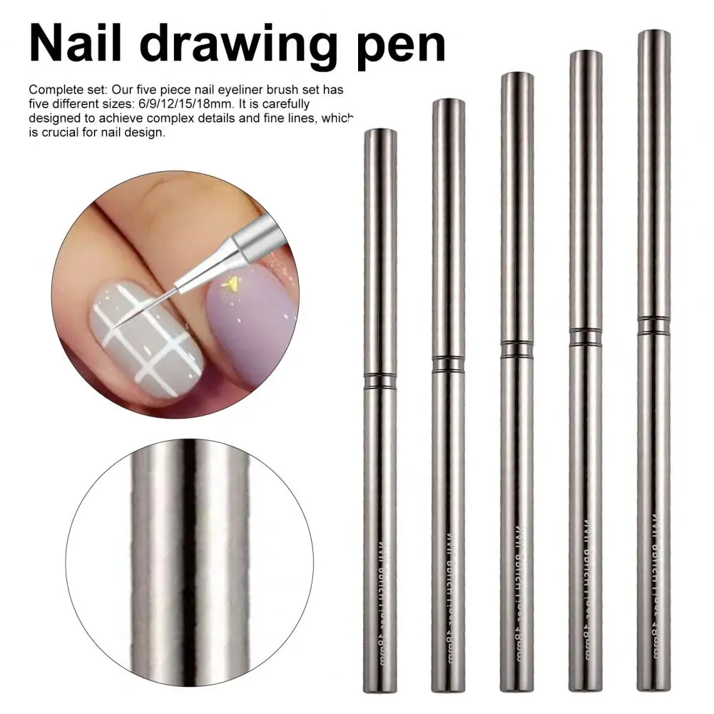 Ensemble de pinceaux à ongles résistants à la rouille avec manche en métal pour le dessin de lignes fines, pinceaux pour l'art des ongles, stylo liner