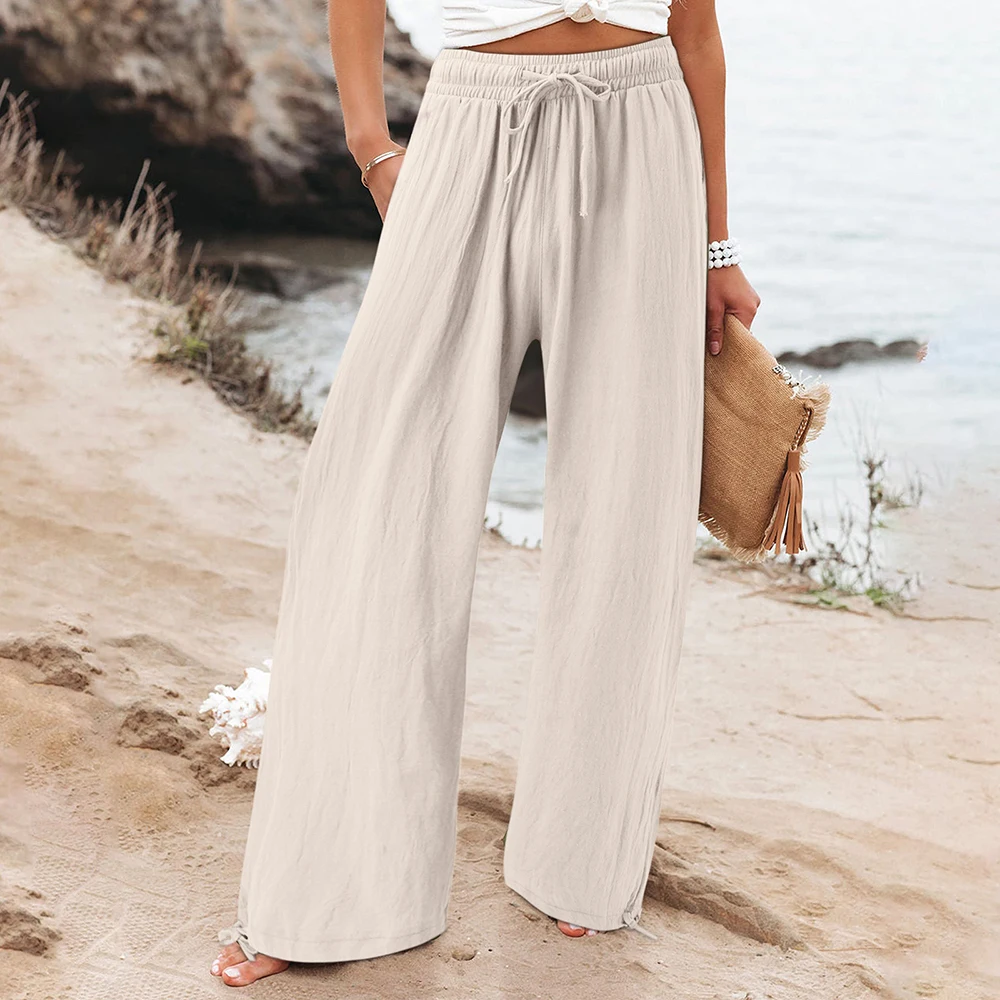 Plus Size Cotton Linen Women Pants 2023 High Waist Wide Leg Long Trousers Autumn Female Clothing Elegant Large Size Length Pants