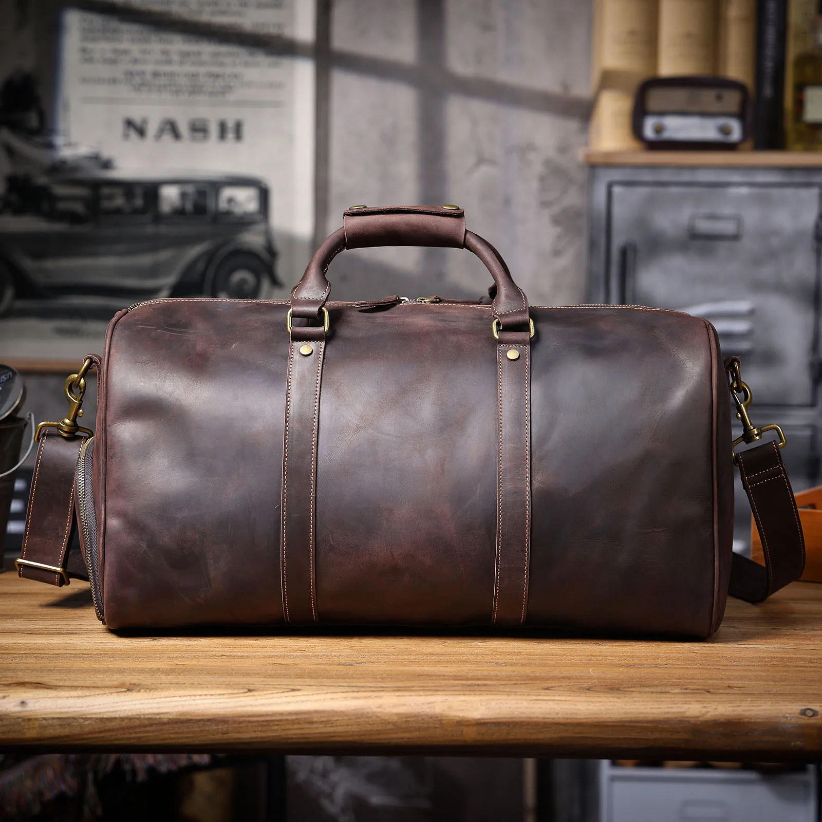 S.WORKER Vintage Vollnarbenleder Herren-Reisetasche Handgefertigte Weekender-Reisetasche – Detail 25