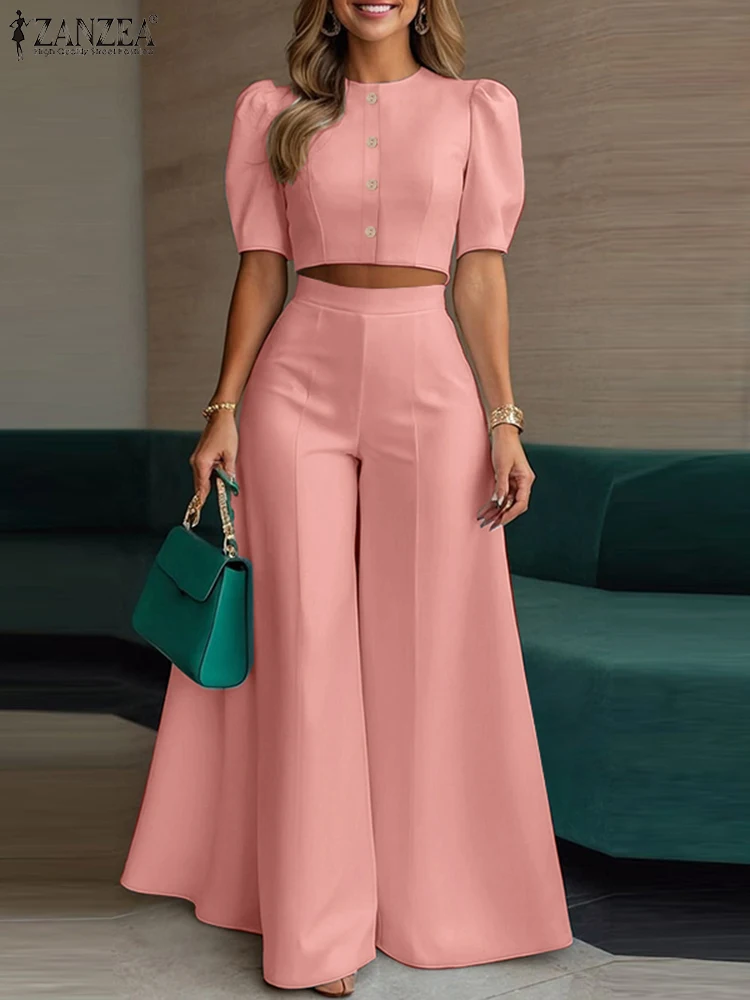 

ZANZEA Street Fashion Woman 2 Piece Sets Stylish Short Puff Sleeve Crop Tops Wide Leg Pants 2PCS Outfit Elegant Office Pant Sets
