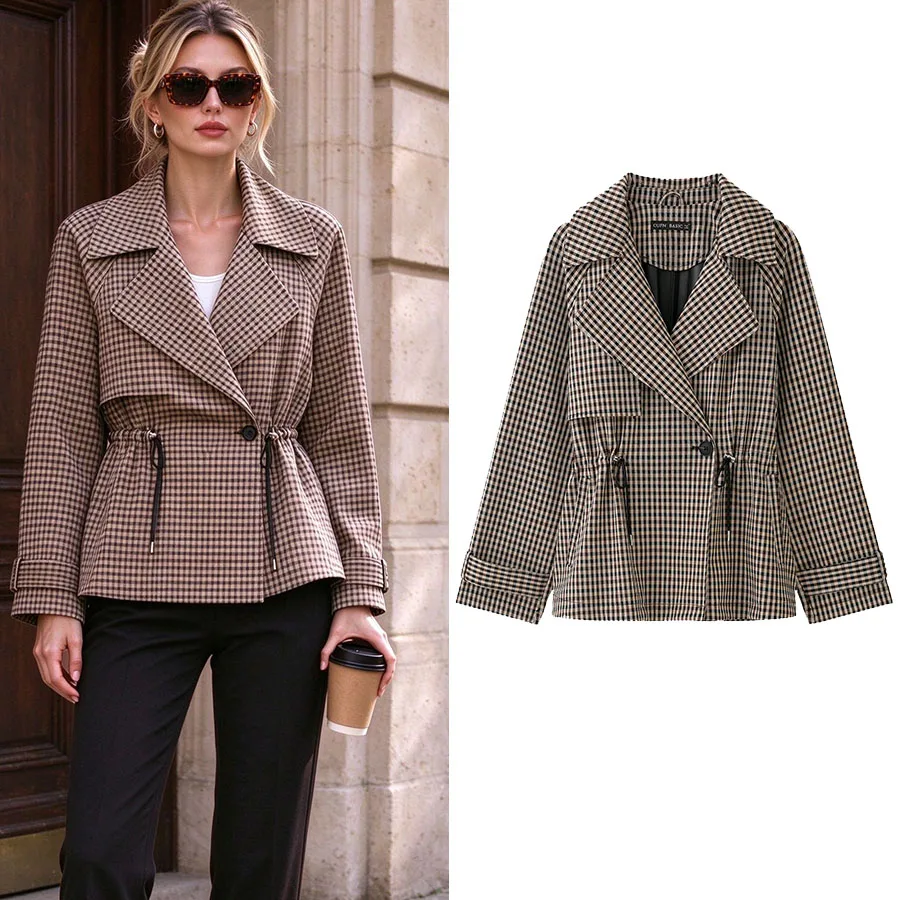 Women Vintage Classic Plaid Trench Women Elegant Waist Drawstring Jacket 2026 Fall Trendy Commute Casual Lady Co