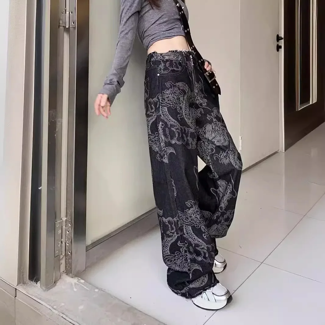 Trendiges neues Design, sinnvolle Jeans mit weitem Bein und Drachen-Aufdruck für Männer und Frauen, locker sitzende, schlankmachende Haremshose, modisch
