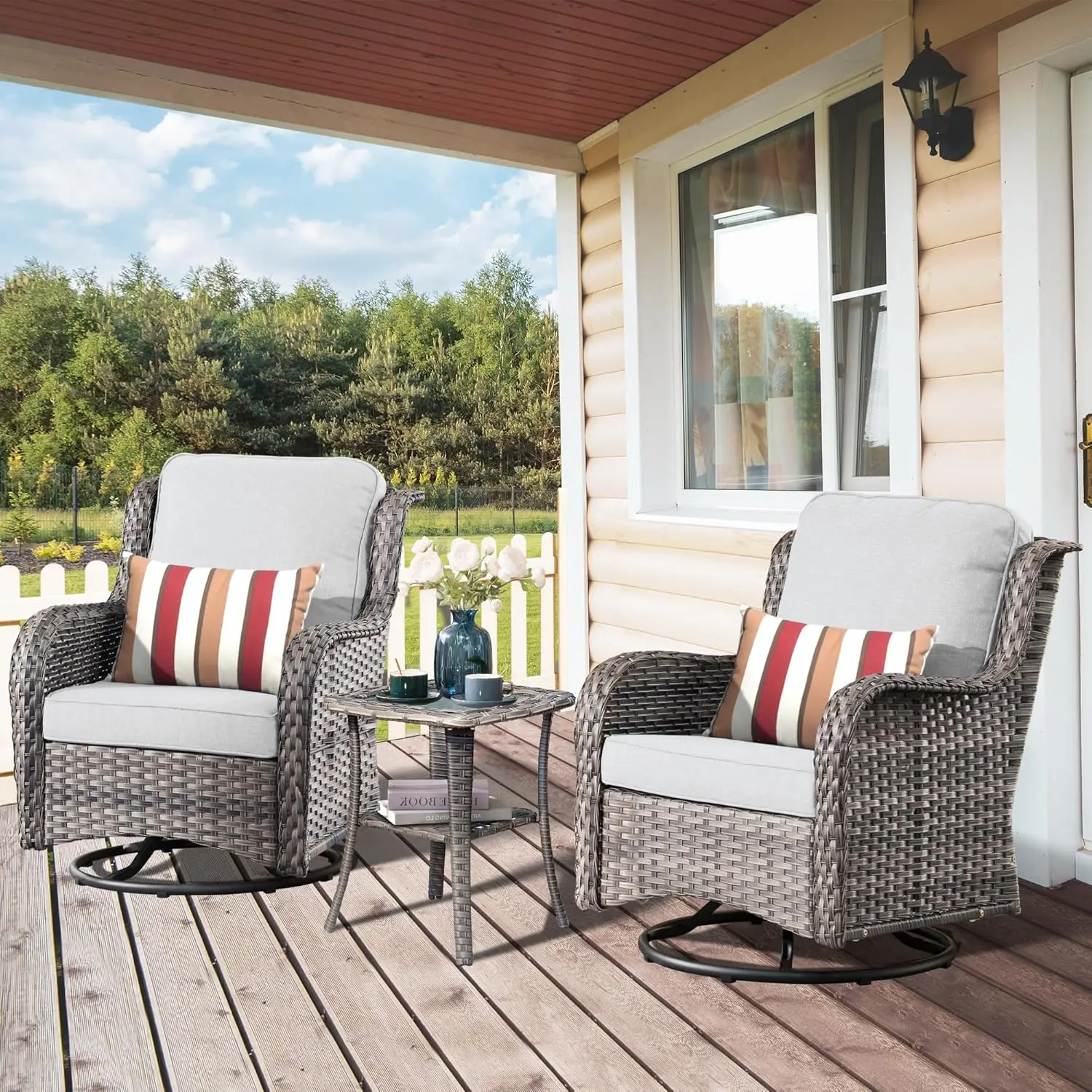 u*-Luxury Patio Furniture Set,Outdoor Swivel Rocker Patio Chairs With Thick Cushions And Side Table,3 PcsHigh Back, Customized