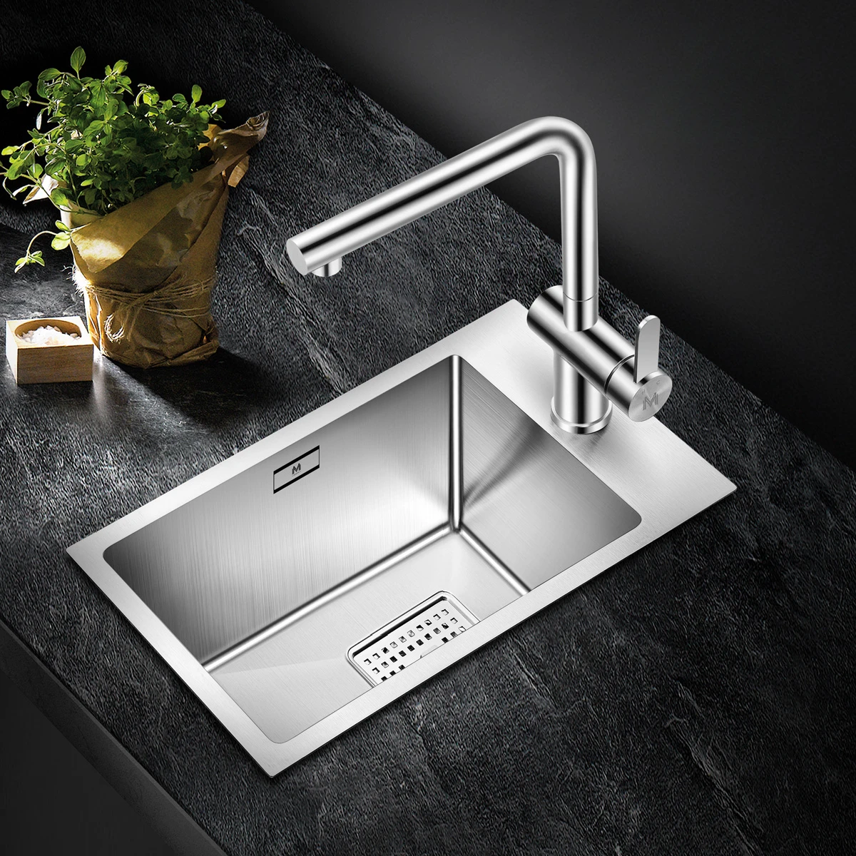 Small single slot with storage slot, 304 stainless steel manual sink set meal, vegetable washing basin, tea room