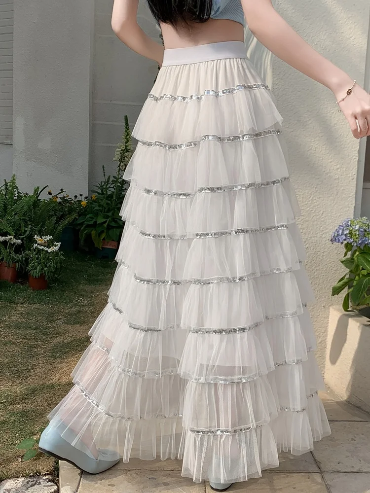 SMTHMA Mode Kuchen Rock Neue Frühling Sommer Layered Mesh Hohe Lose Enge Taille Süße Weiße Prinzessin Langen Rock