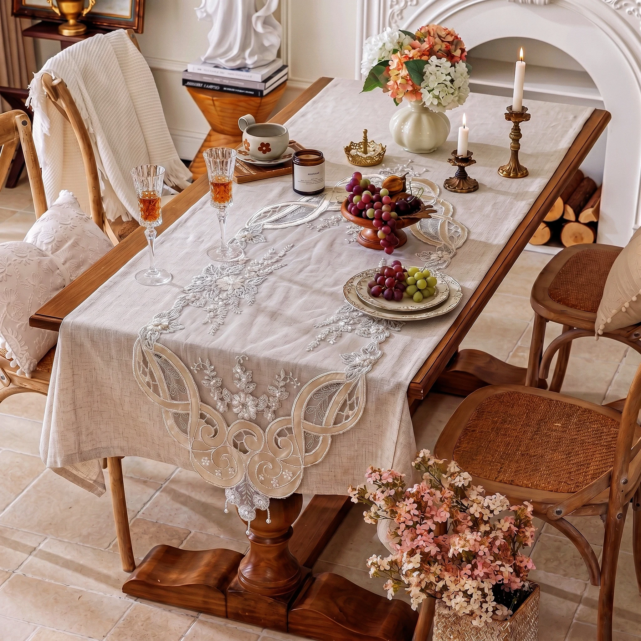 Table Runners Luxury Gray Oval Tablecloth Dressing Table Cover Lace Tulle Table Mats Silver Dining Table Pads Home Decor
