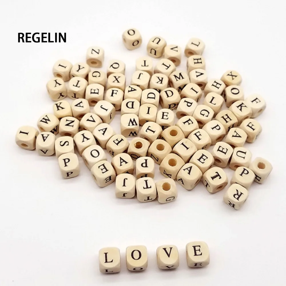 10mm 100pcs Square Natural Wooden Alphabet Beads A-Z 0-9 Letter beads for bracelets Spacer Baby Smooth Teether Jewelry Pacifier