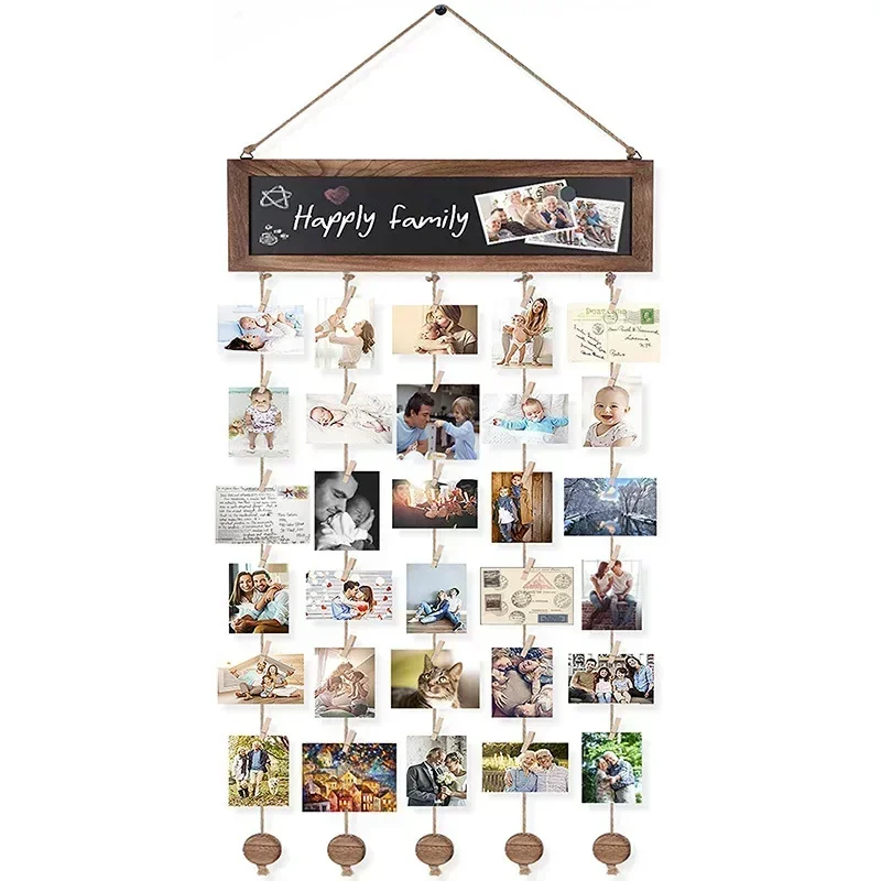 Picture Frames Collage Photo Hanging Display Picture Board Wood Rustic Frames for Wall Decoration with Blackboard and 30 Clips