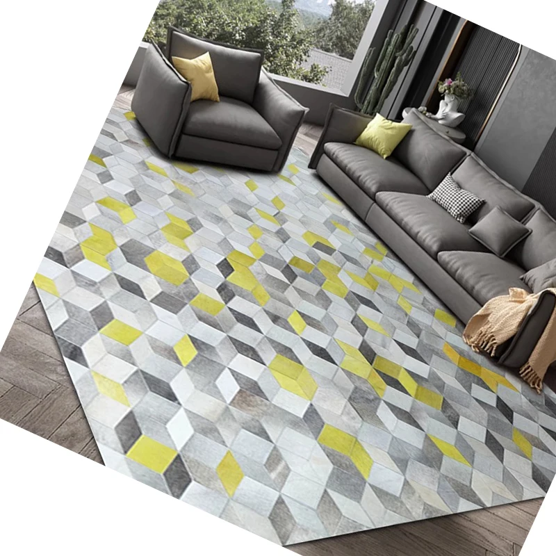 

American Style Real Cowhide Carpet For Living Room Yellow Grey Plaid Cow Leather Bedroom Rug Handmade Customize Any Size Home