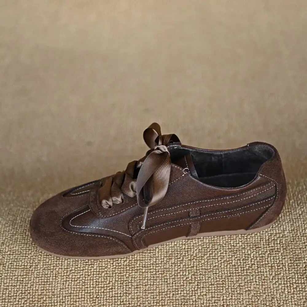 Women's Sneakers New Suede Retro Casual Ballet Flats Women Comfort Shallow Autumn Footwear Female Brown Genuine Leather Sneakers