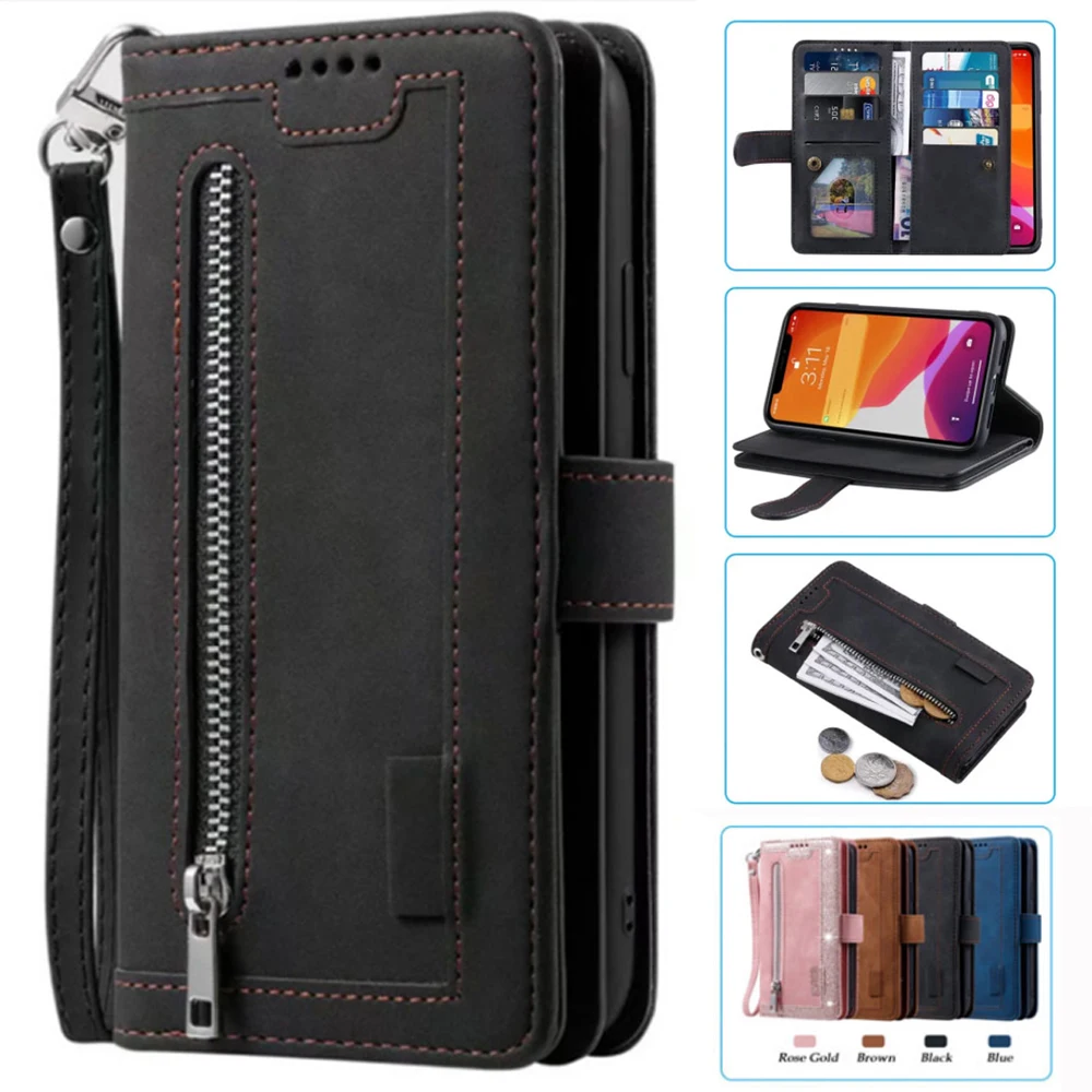 For Samsung Galaxy F13 Case Card Slot Zipper Flip Folio with Wrist Strap Carnival For Samsung F13 Cover 9 Cards Wallet Case