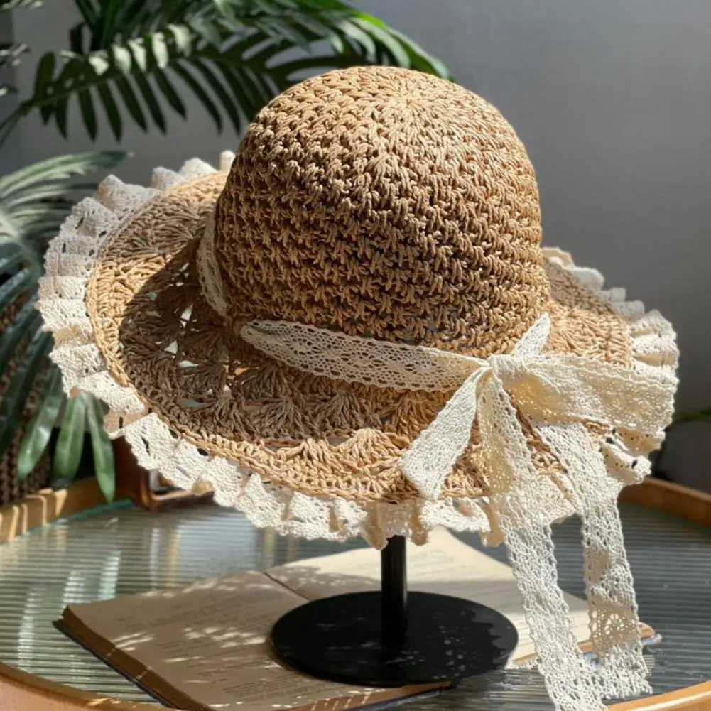 

Hollow Bow Sun Hat Stylish Women's Lace Straw Braided Sun Hat with Hollow Out Design Anti uv for Beach or Summer