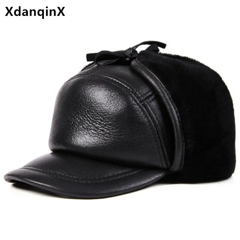 

2024 Winter New Fur Hats For Men Natural Leather Cap Fleece Thickening Bomber Hat Cold Protection Warm Earmuffs Hats Trucker Hat