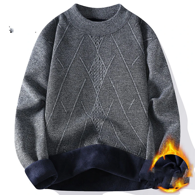 Sweater Knitted Screw Thread Men's Clothing Autumn Winter Solid Color Flocking Pullover Lantern Long Sleeve Casual Fashion Tops