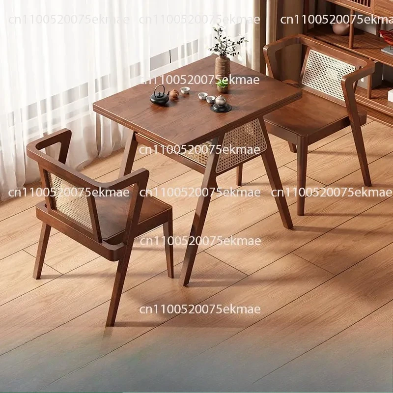 Balcony Small Tables and Chairs Rattan Solid Wood Casual Tea Table Internet Celebrities Reading and Drinking Tea Outdoor