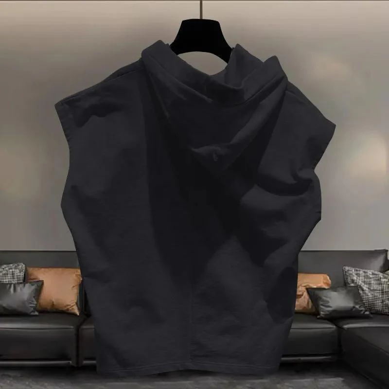 Summer Solid Men Drawstring Hooded Tank Top Fashion All-match Punk Casual 2xl Oversized Clothing Vest Tee Black White Street Gym
