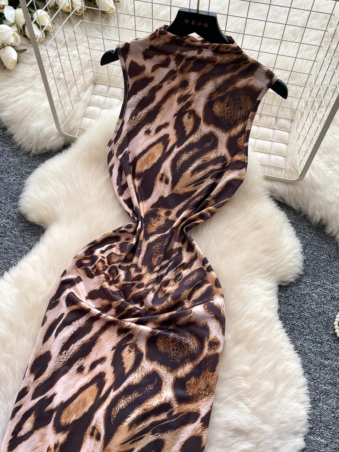 Sexy High-Waist Leopard Print Sleeveless Dress Women's Summer Fashion Tight-Fitting City Commute A-Line Skirt Style Dress