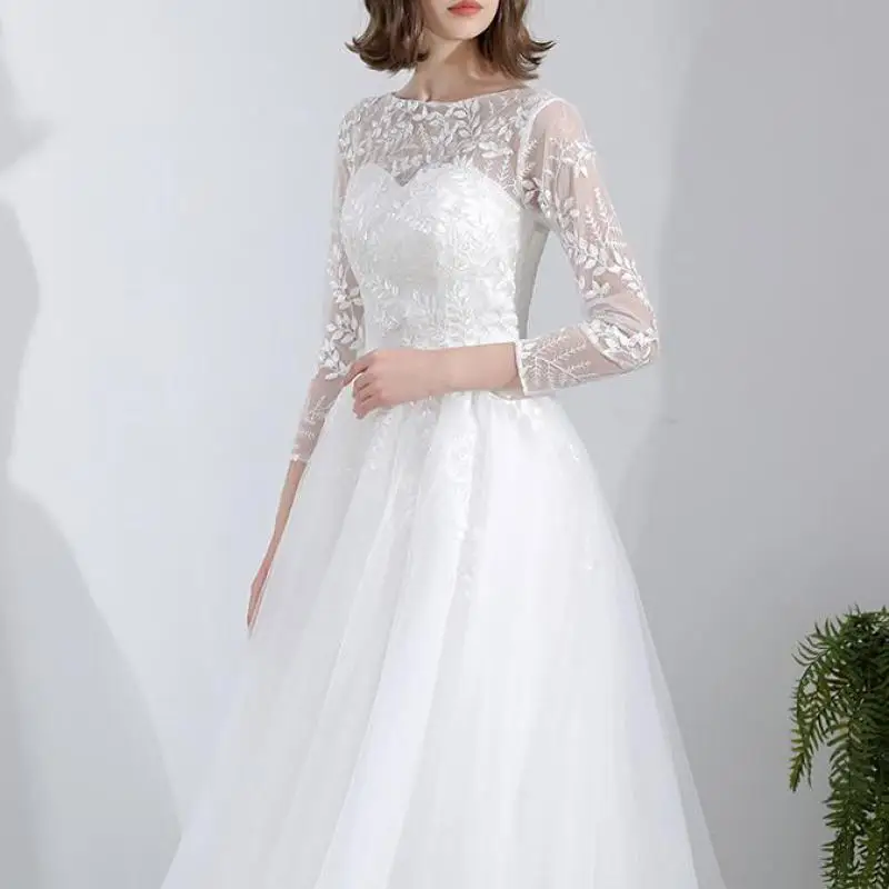 New Tulle Wedding Dresses Classic O-neck Bridal Dress With Lace Illusion Sleeve Elegant Simple Long A Line Sukienka Na Wesele