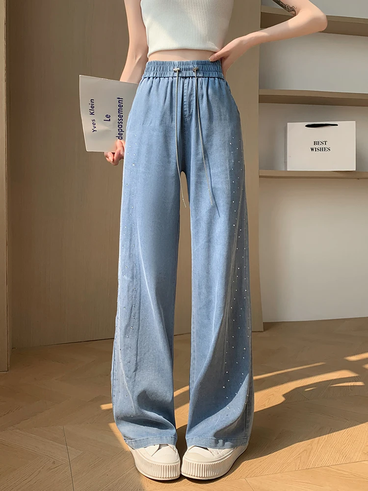 

Hot drill Wide Leg Ice Silk Jeans Women Summer Soft High Waist Pants Femme Thin Loose Casual Trousers Cool Denim Pants Mujer