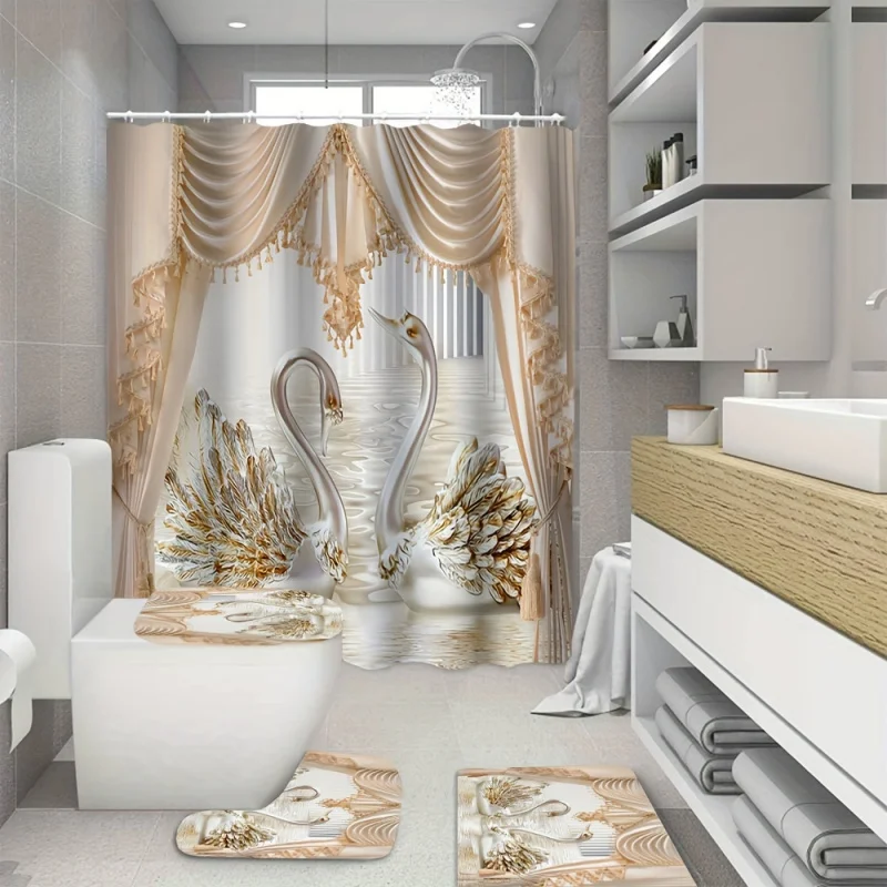 4PCs waterproof luxury Swan drapery print shower curtain set with 12 hooks, non-slip bathroom rug, toilet U-shape mat, toilet li