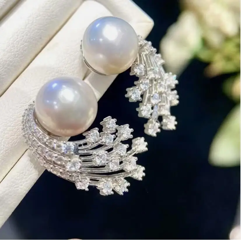 

gorgeous pair of 8-9mm south sea round white pearl stud earring 925s