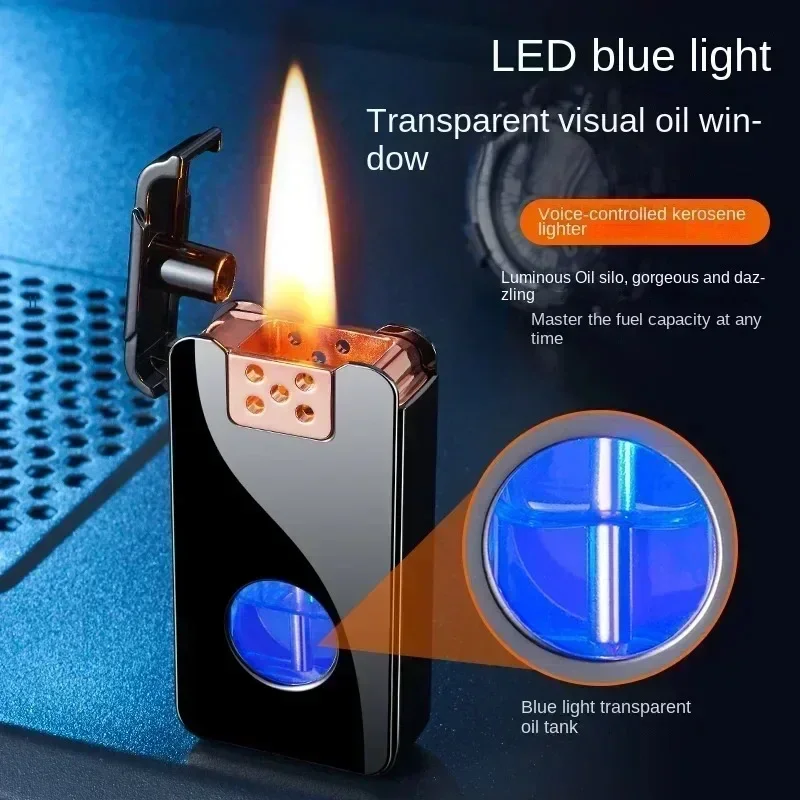 2025 Intelligent Voice Controlled Kerosene Lighter Metal Transparent Oil Arc Ignition Personalized Gift Cigarette Accessories