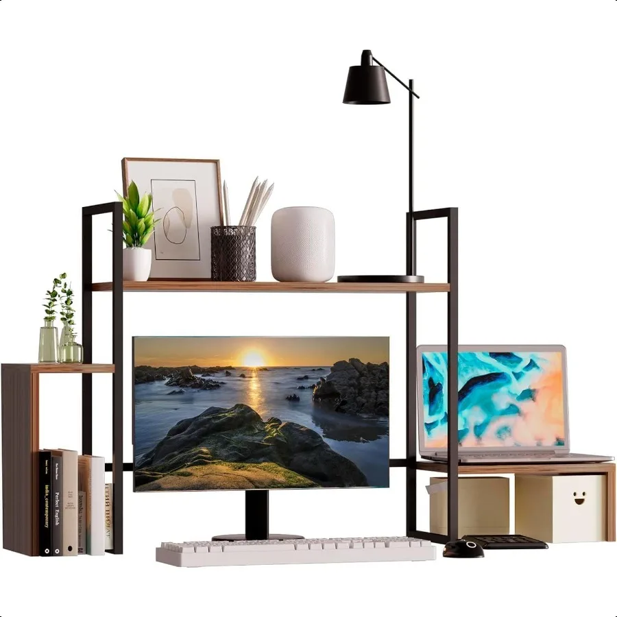 

Wood Desk Shelf 2 Tier Desktop Shelf with 16 Colors RGB Light Strip 48.8 Desk Organizer Shelf for Max 28 Computer Monitor Desk