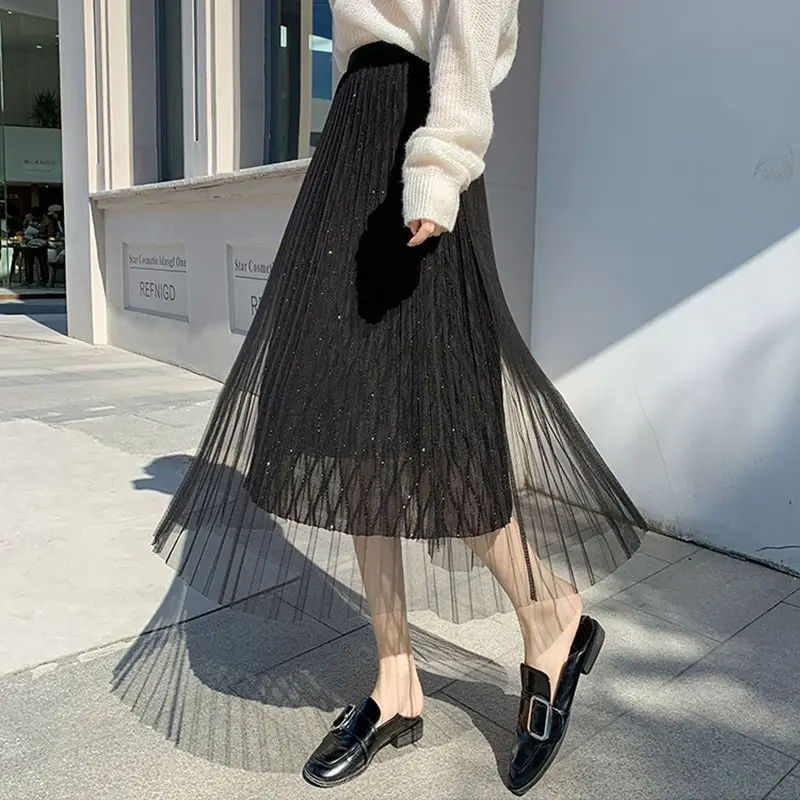 French Fashion Solid Color Two Layers Ling Grid Pleated Skirt Women Classic  Slim Temperament Elegant Casual Lady Skirt