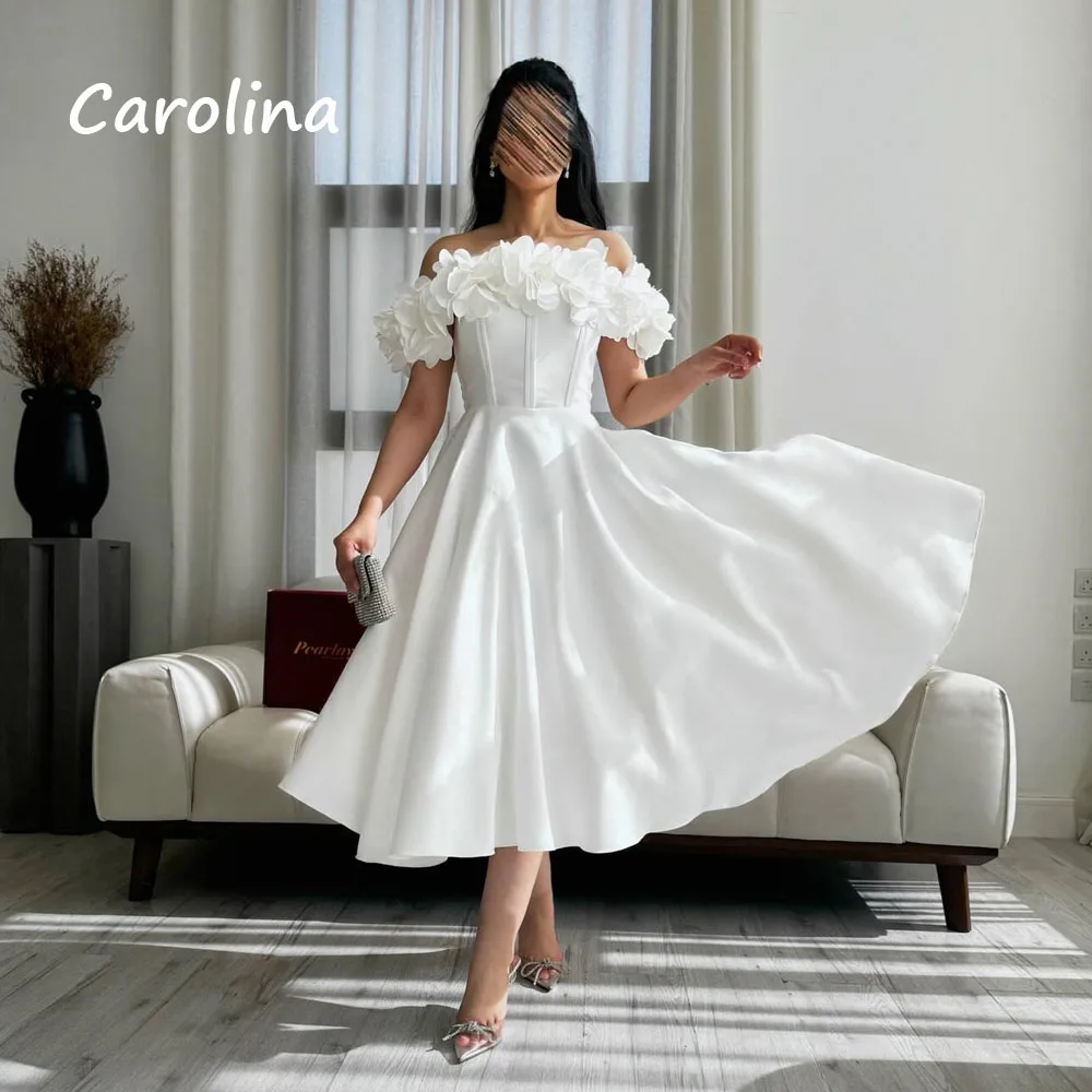 Carolina White Simple Appliques Off The Shoulder A-LINE Formal Evening Dress Saudi Arabia 2024 Slim Crepe Tea-Length Prom Dress