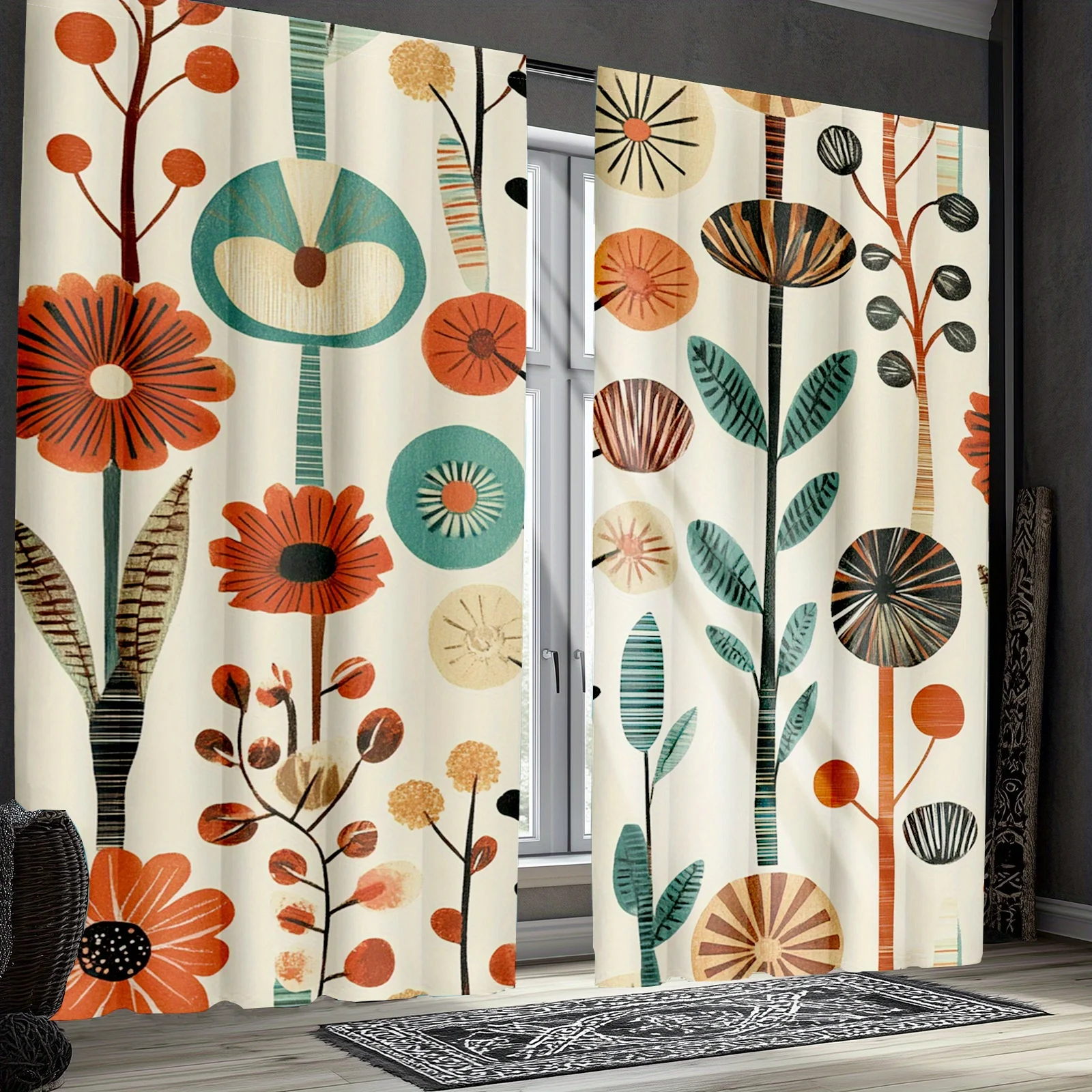 2pcs Leafy Scandinavian Curtains - Geometric Round & Modern Boho Design, 100% Polyester Semi-Transparent Rod Pocket Curtains wit