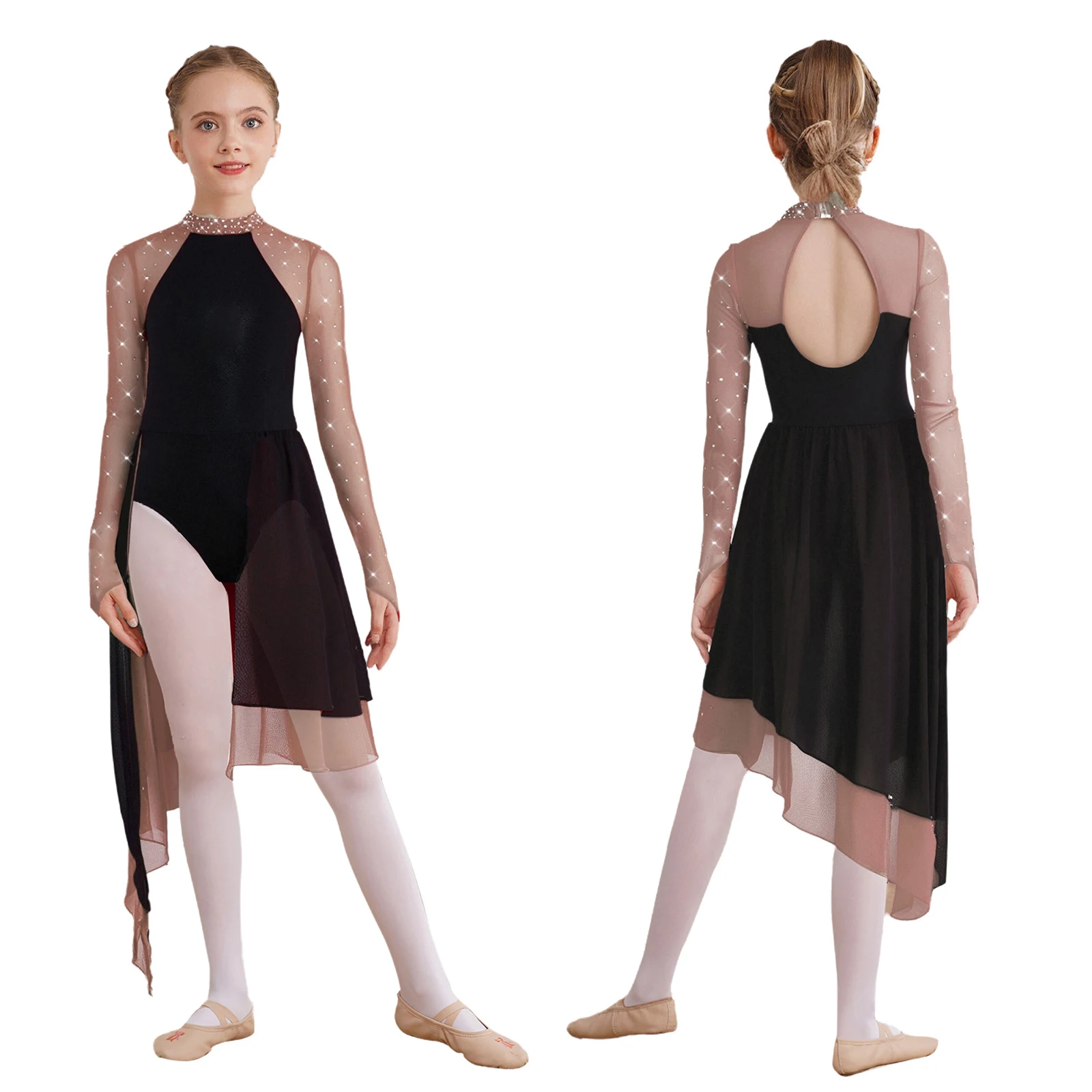 

Kids Lyrical Dance Leotard Dress for Girl Halter Long Sleeve Rhinestones Bodysuit Figure Skating Jumpsuit Dress Modern Dancewear