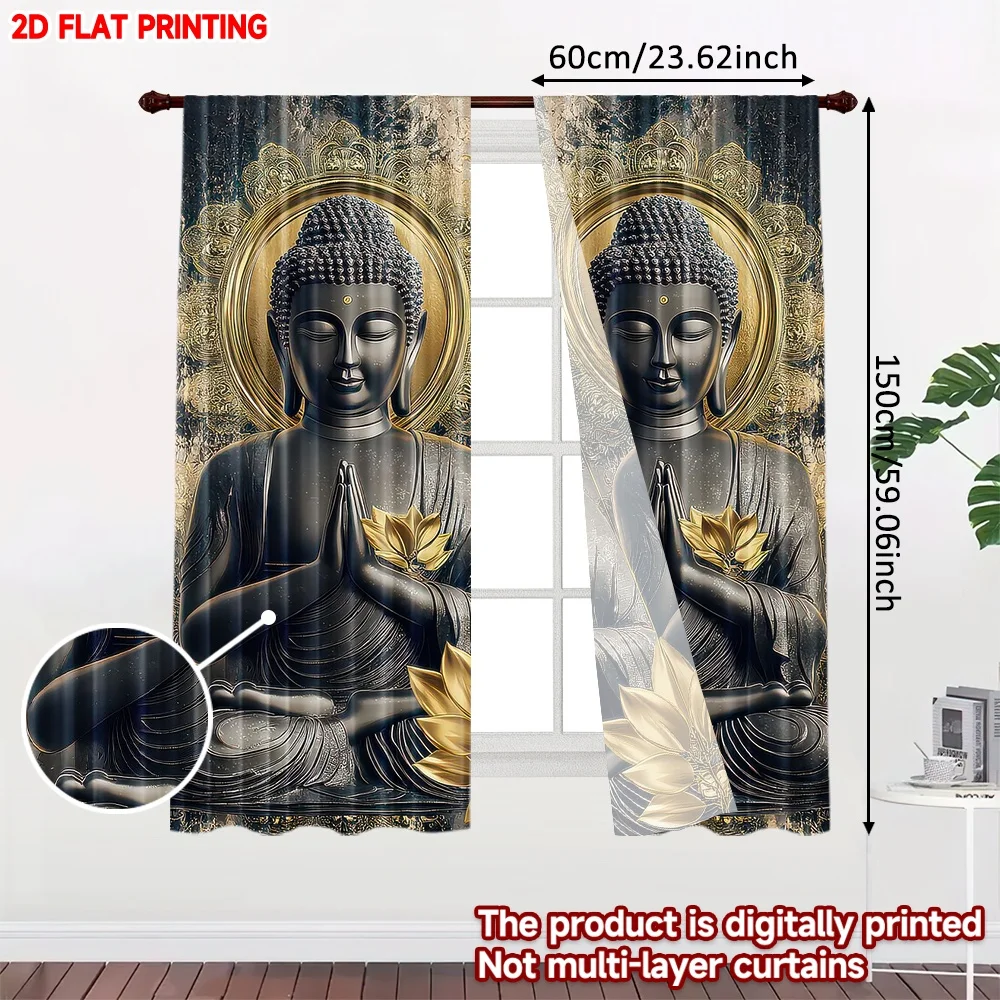2D flat printing 2pcs Curtain Curtains Golden Buddha Lotus Digital Printed Polyester Drapes Festive Wall Decor Use for Booths
