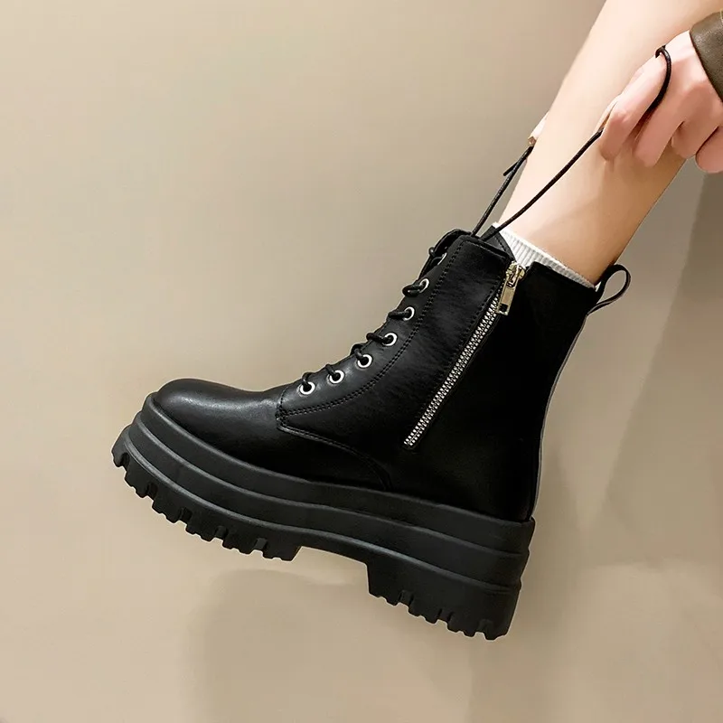 Fall/Winter New Side Zip Platform Single Boots Women's Fashion Round Toe Front Lace-Up Non-Slip Shorthole Boots