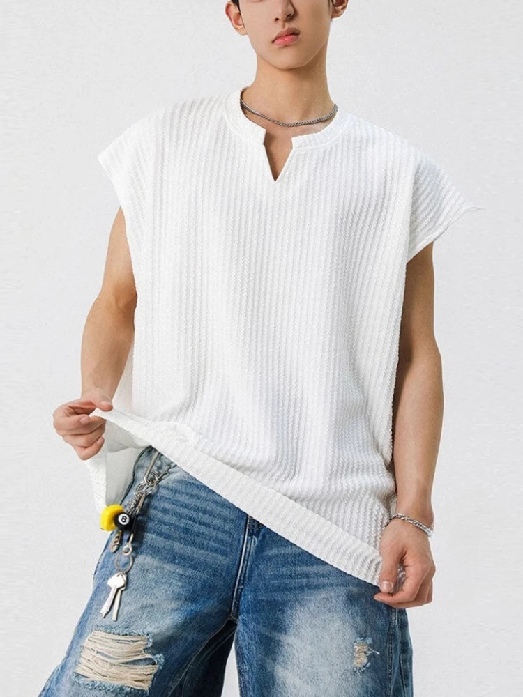 

Solid Textured Ribbed Henley Tank Top Men Summer American Oversized Casual Sleeveless T-Shirt Streetwear V-Neck Muscle Gym Vest