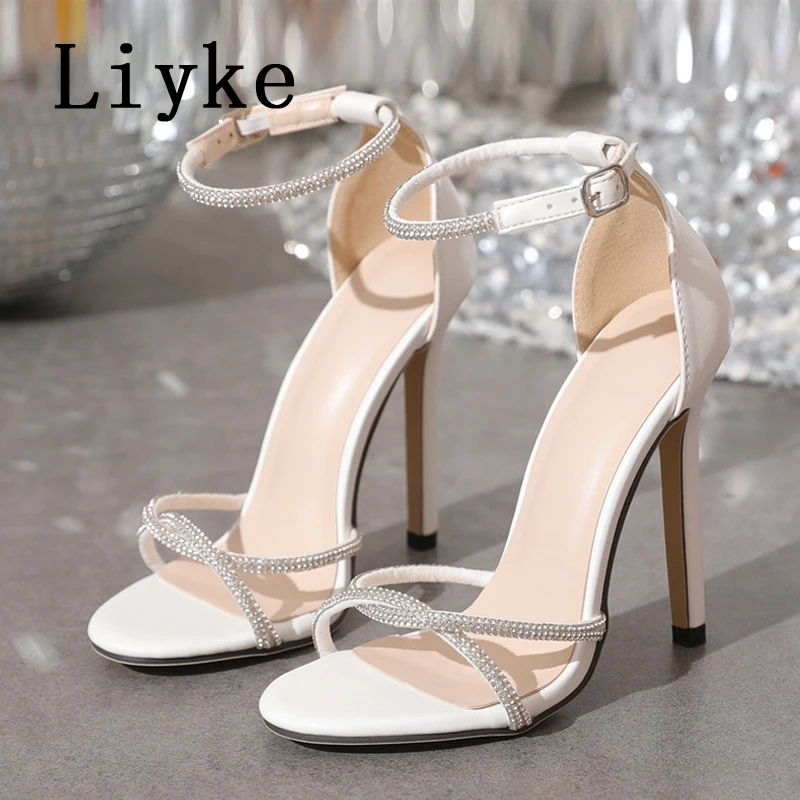 Liyke Thin High Heels Sandals For Women 2024 Summer Fashion Crystal Narrow Band Open Toe Buckle Strap Dress Shoes Zapatos Mujer