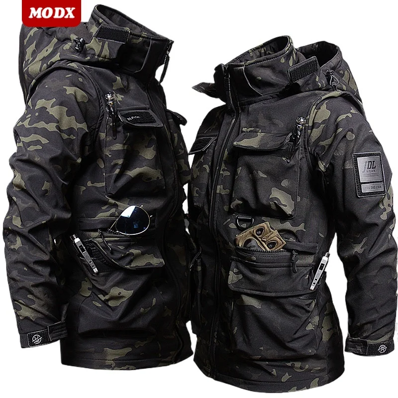 Men Winter Shark Skin Tactical Camouflage Set Outdoor Warm Soft Shell Windbreaker+pants 2-piece Thicken Training Combat Suit