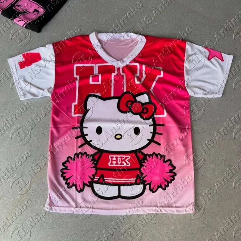 

2025 MINISO New Sanrio HelloKitty Sportswear Women's V-neck Loose Casual Lightweight Breathable Fashion Short Sleeve T-shirt