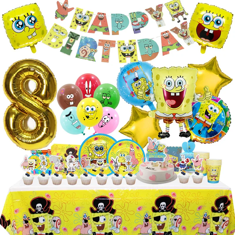 SpongeBob Birthday Party Decoration SquarePants Foil Balloon Kids Event Supplies Disposable Tableware Banner Backdrop Cup Plate