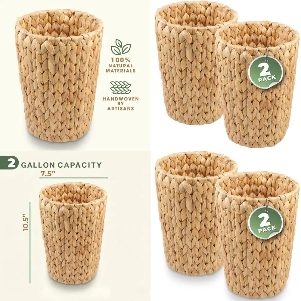 

Natural Wicker Waste Baskets - 2-Piece Rattan Trash Cans for Home, 2 Gallons Each