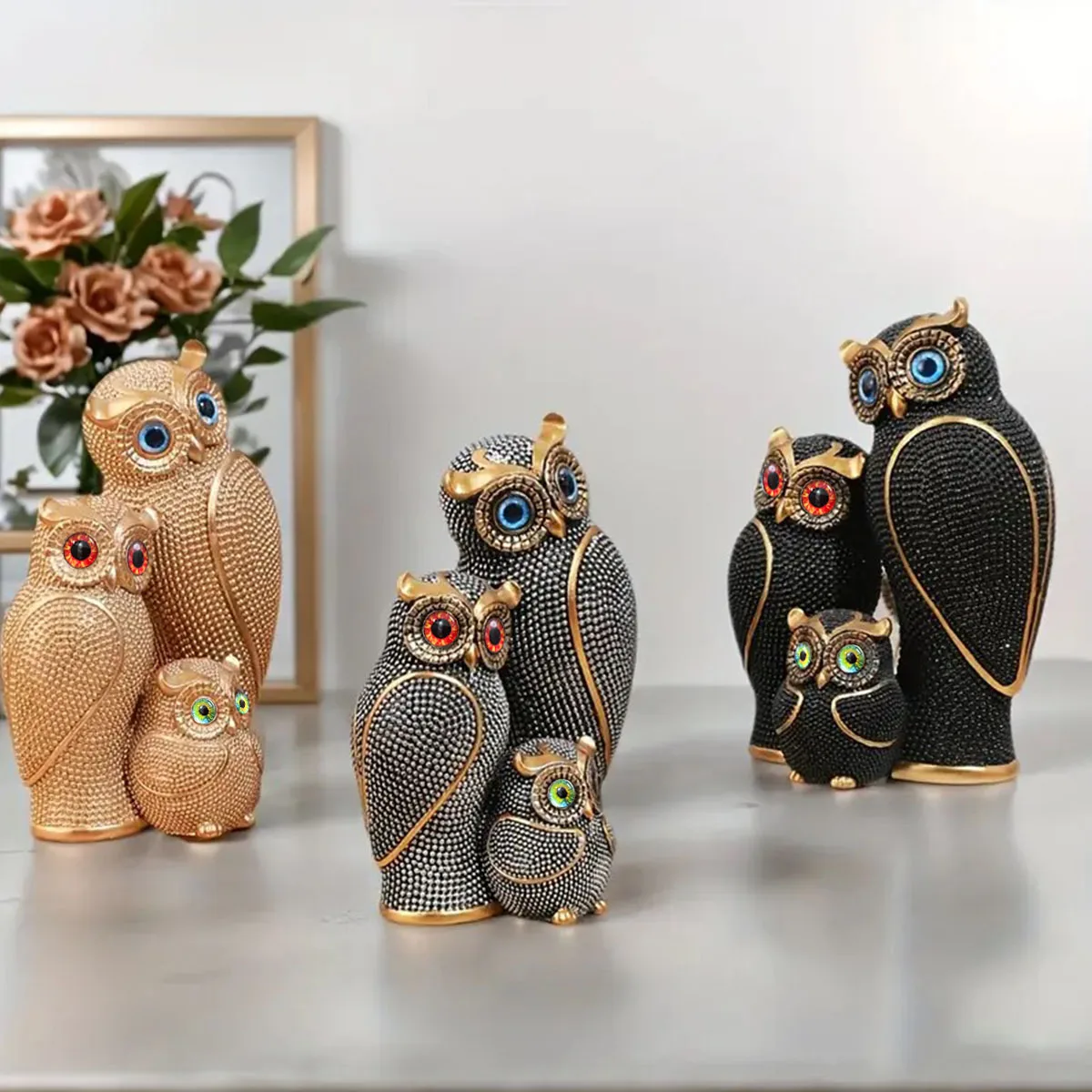 Adorno de estatua de tres búhos de resina, figura de búho, para el hogar, estante, sala de estar, dormitorio, oficina, escritorio, decoración de estantería, adorno de animales, 1 ud.