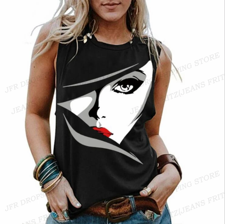 Portrait Abstract Face Printed Tank Tops Women's Fashion Sleeveless Sexy Vest Casual Crew Neck Tanks Tops Sexy Girls Tops Summer